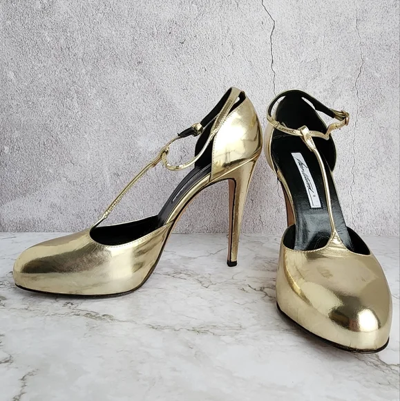 Brian Atwood. Gold Metallic Leather, T Strap Pumps Heels - Picture 16 of 16